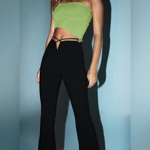 Princess Polly V Waist Flare Mid Rise Pants Black Cutout Tie Front Size 4